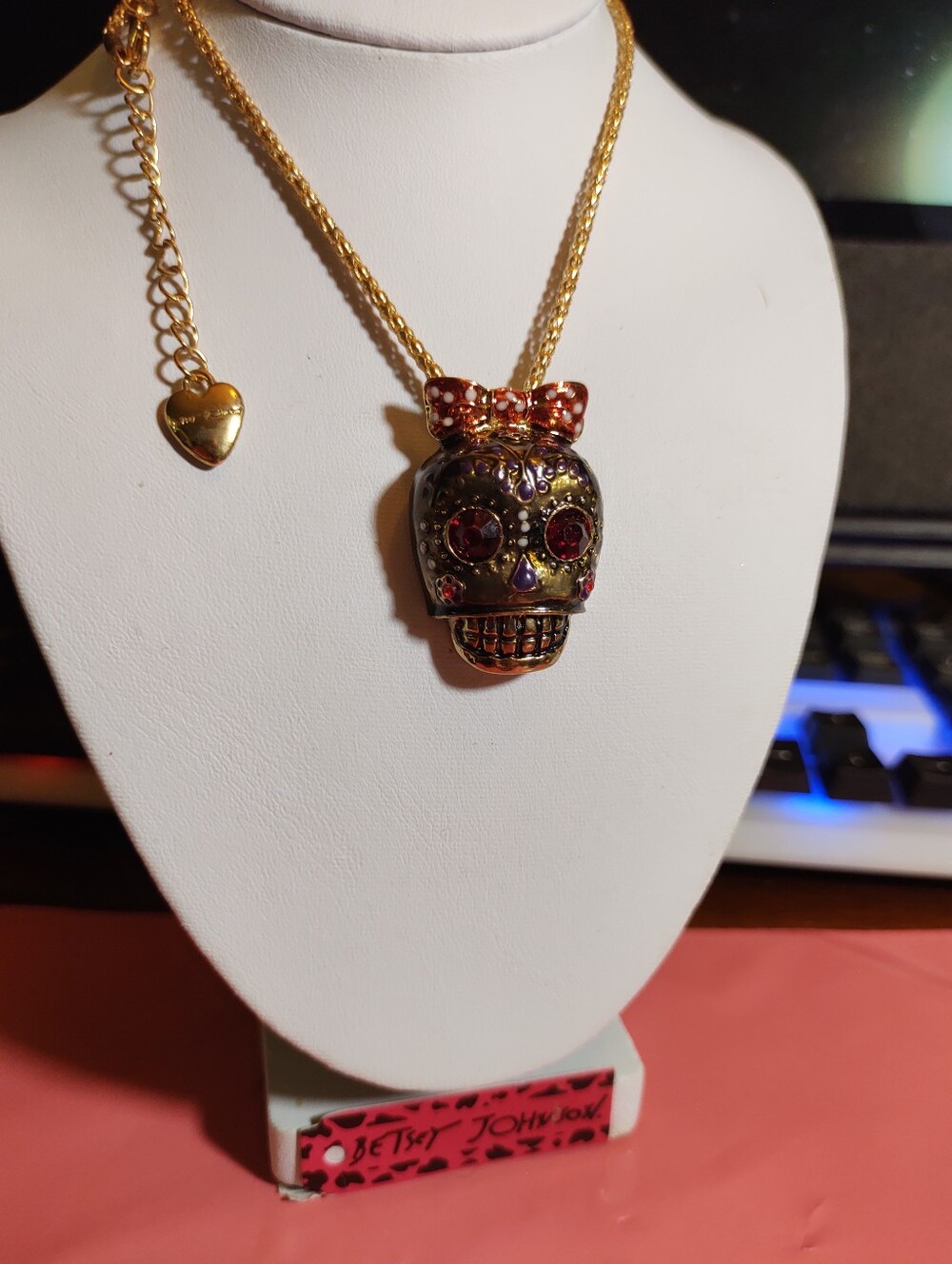 Betsey Johnson Gold-Tone Sugar Skull Necklace with Red Accents